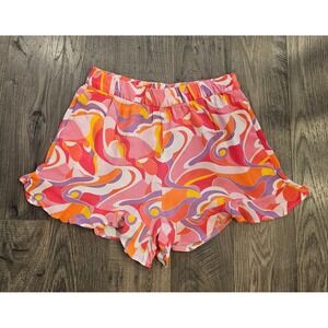 Women's sz M Zara Pink Orange Print Ruffle Shorts Elastic Waist Funky Mod Groovy